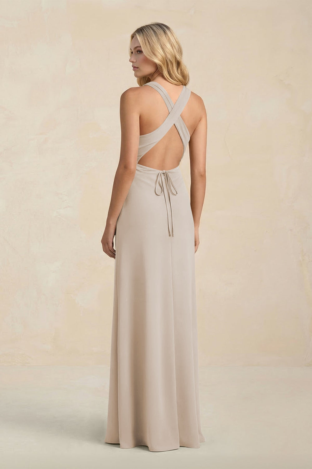 High Neck Sheath Chiffon Bridesmaid Dress With Slit in Frost - KISS BRIDAL Bridesmaid Dresses