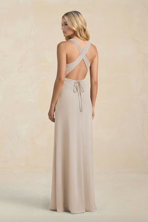 High Neck Sheath Chiffon Bridesmaid Dress With Slit in Frost - SHE IS ME Bridesmaid Dresses