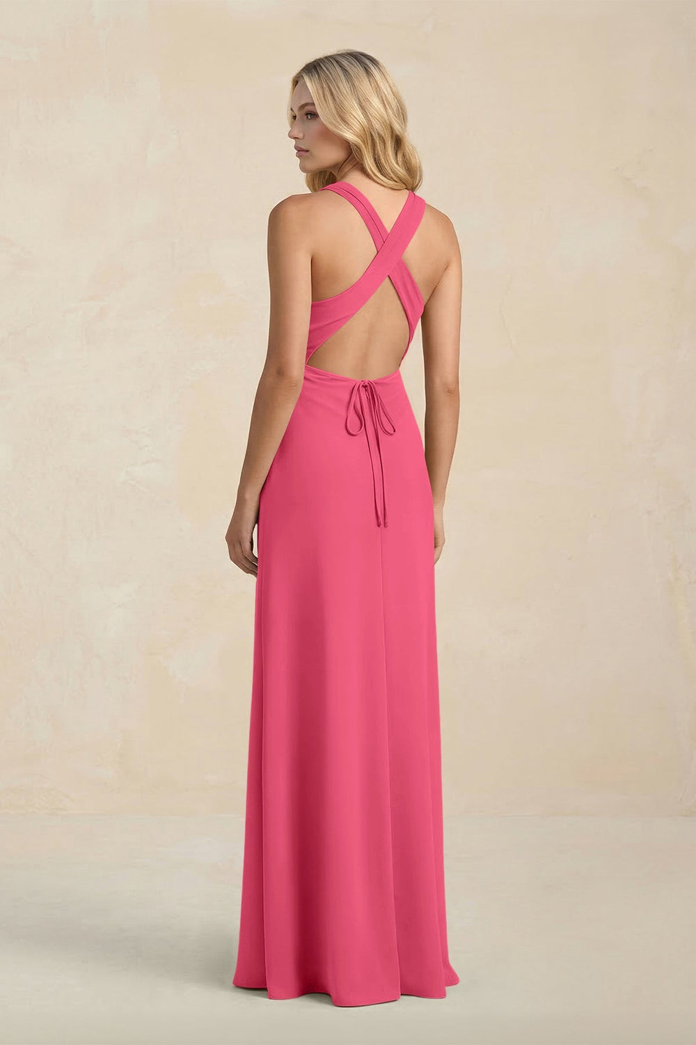 High Neck Sheath Chiffon Bridesmaid Dress With Slit in Fuchsia - KISS BRIDAL Bridesmaid Dresses