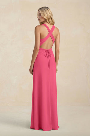 High Neck Sheath Chiffon Bridesmaid Dress With Slit in Fuchsia - SHE IS ME Bridesmaid Dresses