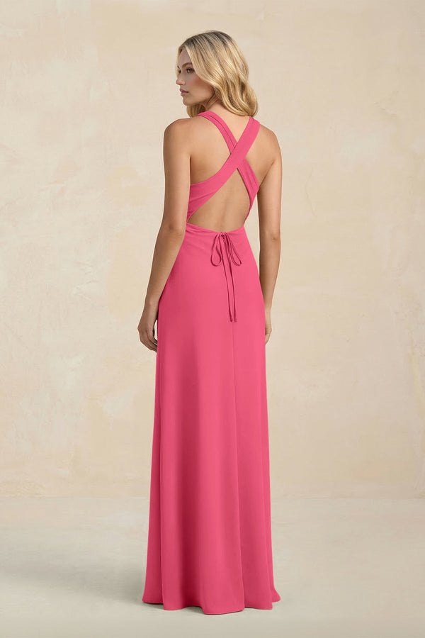 High Neck Sheath Chiffon Bridesmaid Dress With Slit in Fuchsia - SHE IS ME Bridesmaid Dresses