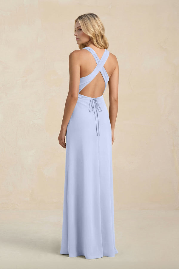 High Neck Sheath Chiffon Bridesmaid Dress With Slit in Ice - SHE IS ME Bridesmaid Dresses