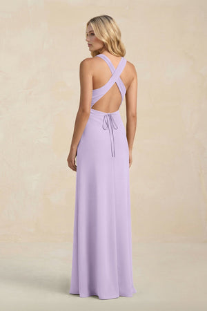 High Neck Sheath Chiffon Bridesmaid Dress With Slit in Lavender - SHE IS ME Bridesmaid Dresses