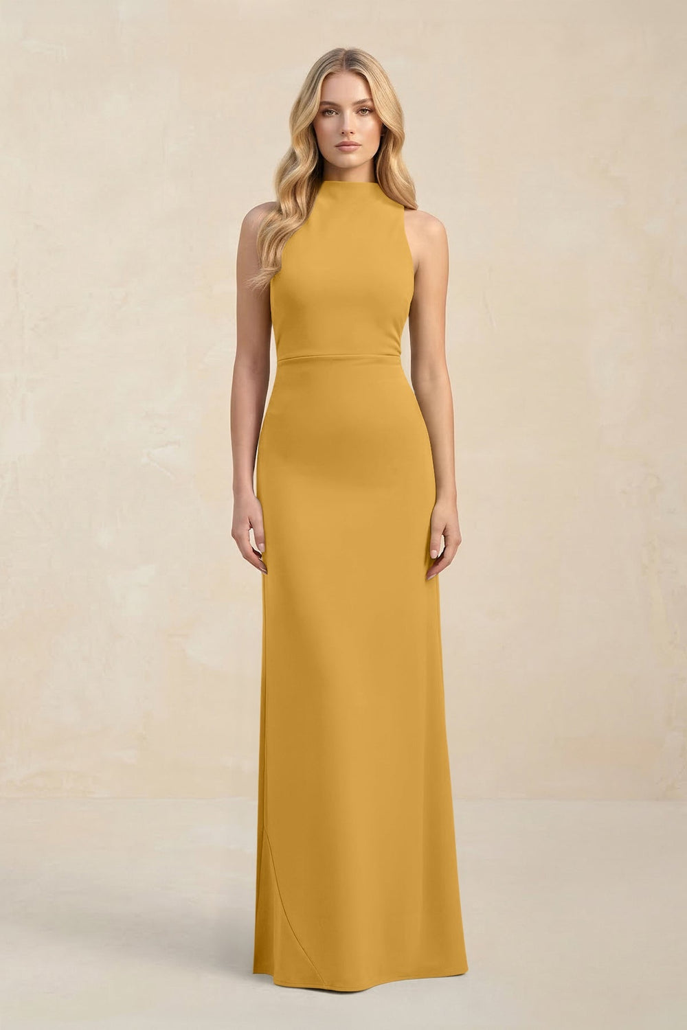 High Neck Sheath Chiffon Bridesmaid Dress With Slit in Marigold - KISS BRIDAL Bridesmaid Dresses