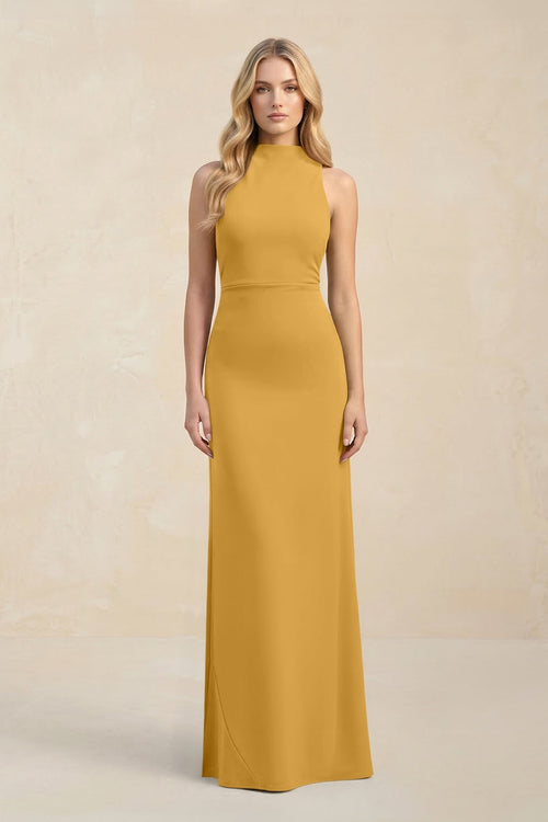 High Neck Sheath Chiffon Bridesmaid Dress With Slit in Marigold - SHE IS ME Bridesmaid Dresses
