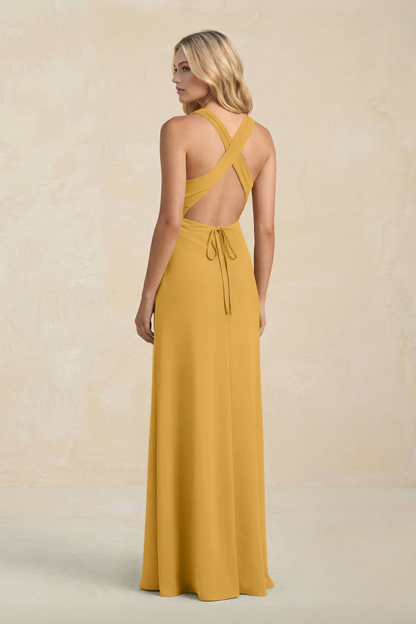 High Neck Sheath Chiffon Bridesmaid Dress With Slit in Marigold - SHE IS ME Bridesmaid Dresses