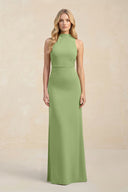 High Neck Sheath Chiffon Bridesmaid Dress With Slit in Matcha - SHE IS ME Bridesmaid Dresses