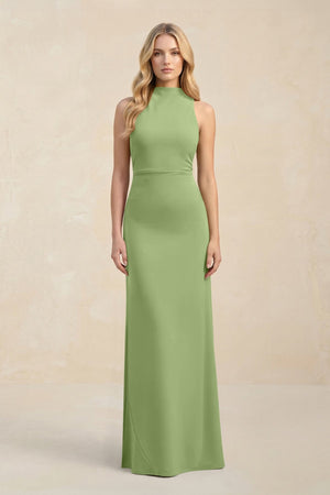 High Neck Sheath Chiffon Bridesmaid Dress With Slit in Matcha - SHE IS ME Bridesmaid Dresses