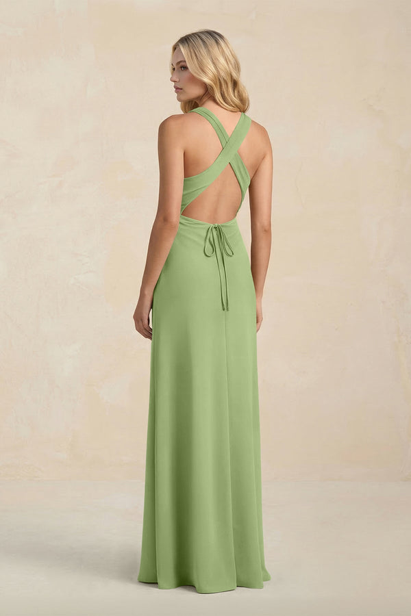 High Neck Sheath Chiffon Bridesmaid Dress With Slit in Matcha - SHE IS ME Bridesmaid Dresses