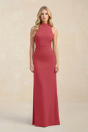 High Neck Sheath Chiffon Bridesmaid Dress With Slit in Merlot - SHE IS ME Bridesmaid Dresses