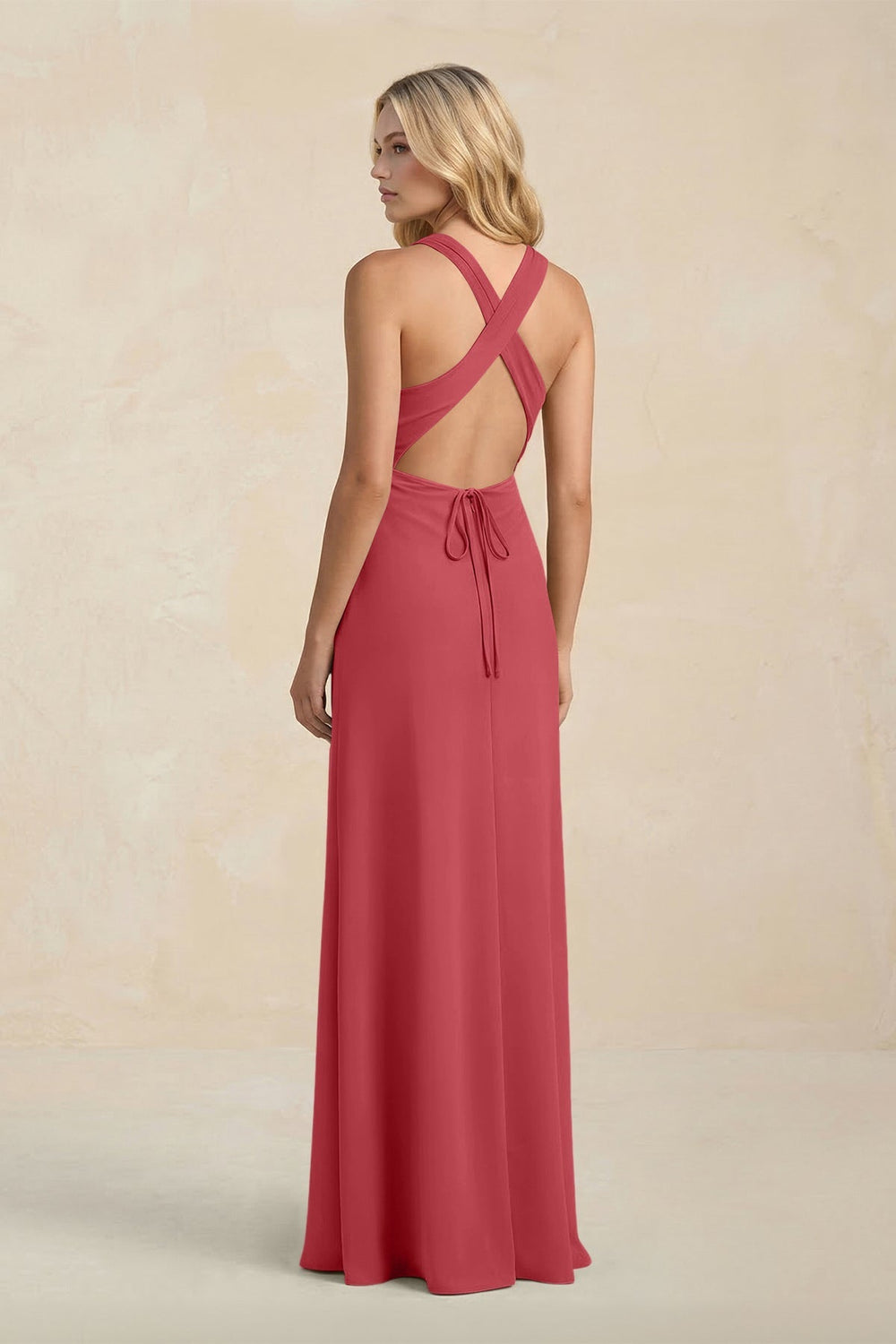 High Neck Sheath Chiffon Bridesmaid Dress With Slit in Merlot - KISS BRIDAL Bridesmaid Dresses