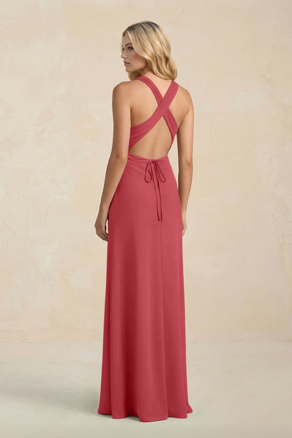 High Neck Sheath Chiffon Bridesmaid Dress With Slit in Merlot - SHE IS ME Bridesmaid Dresses