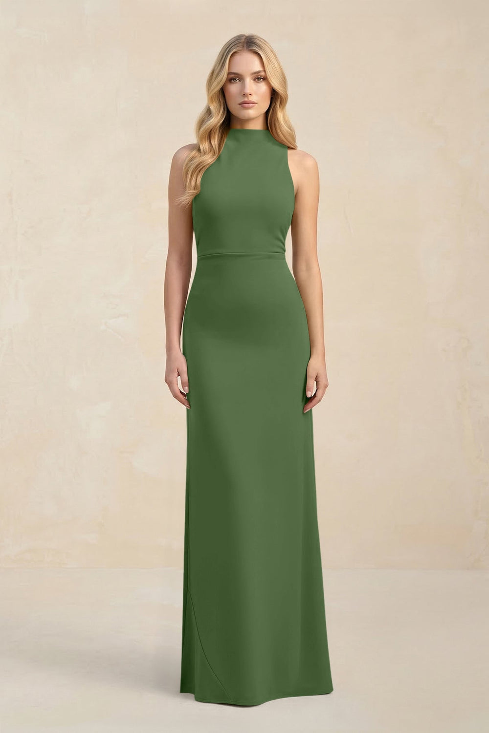High Neck Sheath Chiffon Bridesmaid Dress With Slit in Moss - KISS BRIDAL Bridesmaid Dresses