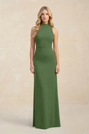 High Neck Sheath Chiffon Bridesmaid Dress With Slit in Moss - SHE IS ME Bridesmaid Dresses