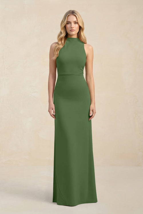 High Neck Sheath Chiffon Bridesmaid Dress With Slit in Moss - SHE IS ME Bridesmaid Dresses