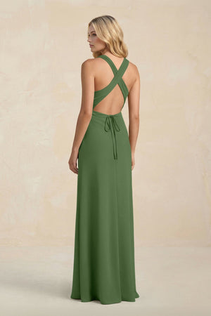 High Neck Sheath Chiffon Bridesmaid Dress With Slit in Moss - SHE IS ME Bridesmaid Dresses