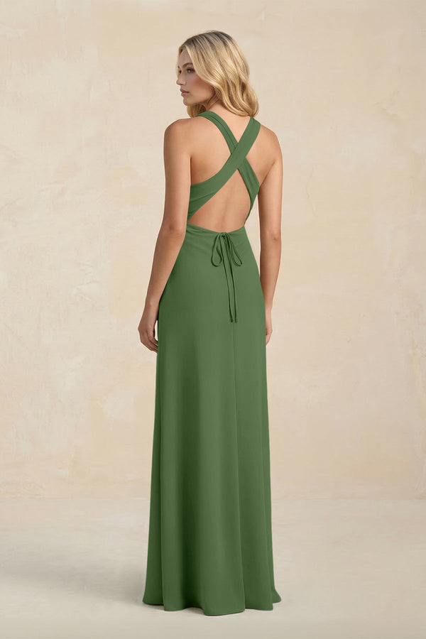 High Neck Sheath Chiffon Bridesmaid Dress With Slit in Moss - SHE IS ME Bridesmaid Dresses