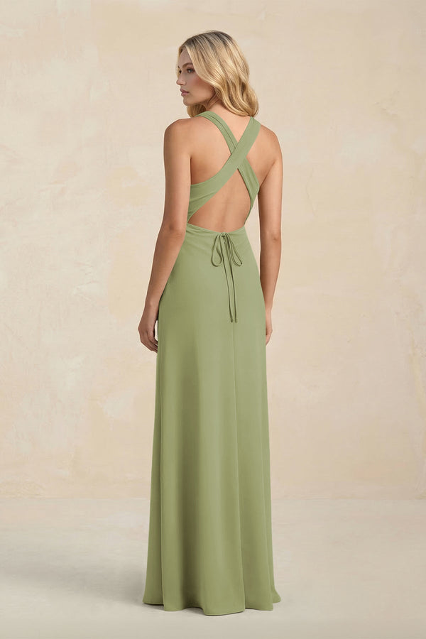 High Neck Sheath Chiffon Bridesmaid Dress With Slit in Moss Green - SHE IS ME Bridesmaid Dresses