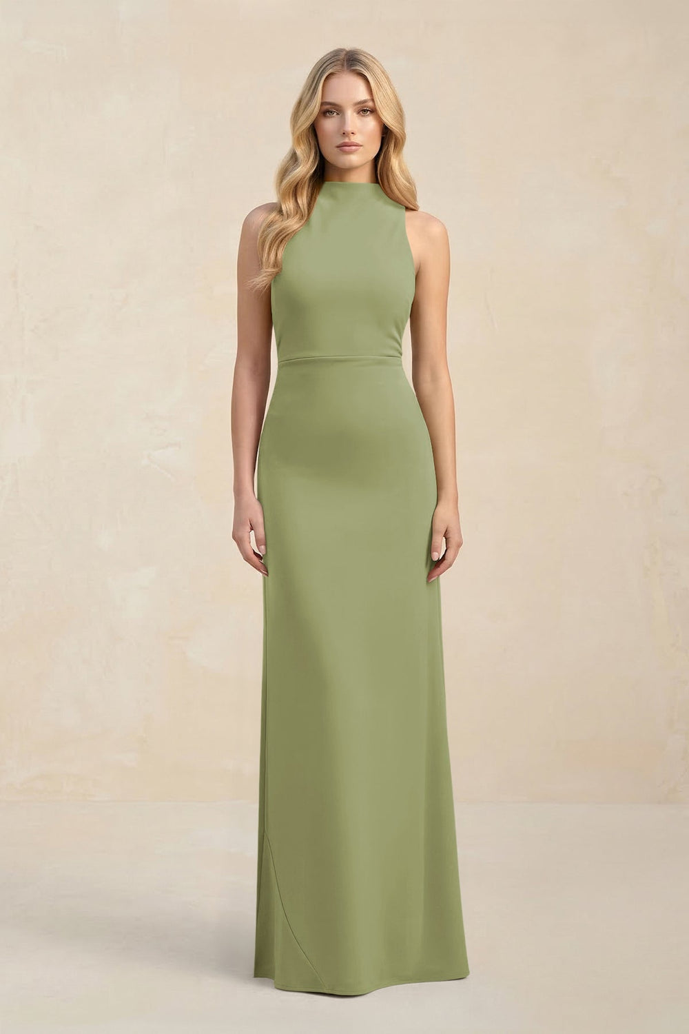 High Neck Sheath Chiffon Bridesmaid Dress With Slit in Moss Green - KISS BRIDAL Bridesmaid Dresses