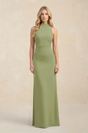 High Neck Sheath Chiffon Bridesmaid Dress With Slit in Moss Green - SHE IS ME Bridesmaid Dresses