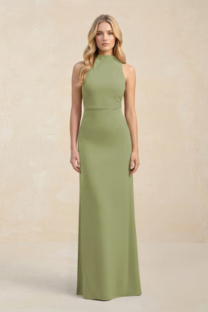 High Neck Sheath Chiffon Bridesmaid Dress With Slit in Moss Green - SHE IS ME Bridesmaid Dresses