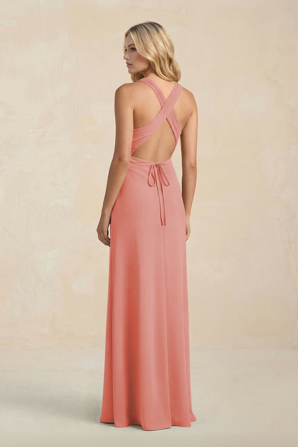 High Neck Sheath Chiffon Bridesmaid Dress With Slit in Mulberry - SHE IS ME Bridesmaid Dresses