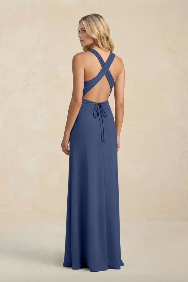High Neck Sheath Chiffon Bridesmaid Dress With Slit in Navy - SHE IS ME Bridesmaid Dresses