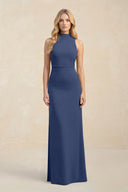 High Neck Sheath Chiffon Bridesmaid Dress With Slit in Navy - SHE IS ME Bridesmaid Dresses