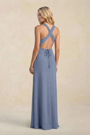 High Neck Sheath Chiffon Bridesmaid Dress With Slit in Neptune - SHE IS ME Bridesmaid Dresses