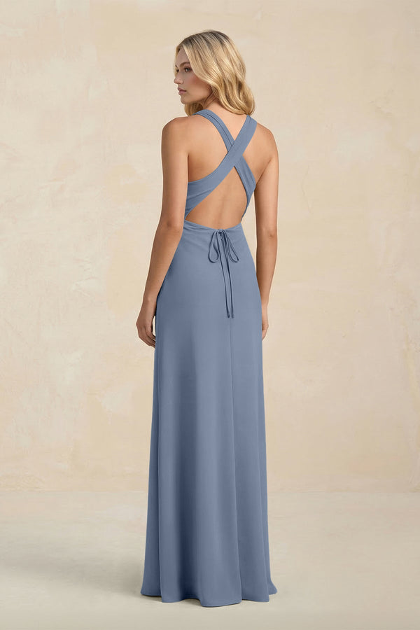 High Neck Sheath Chiffon Bridesmaid Dress With Slit in Neptune - SHE IS ME Bridesmaid Dresses