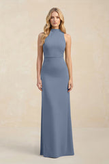 High Neck Sheath Chiffon Bridesmaid Dress With Slit in Neptune - KISS BRIDAL Bridesmaid Dresses