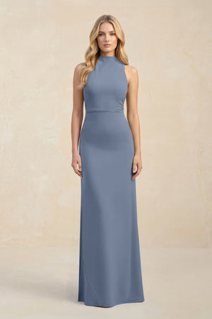 High Neck Sheath Chiffon Bridesmaid Dress With Slit in Neptune - SHE IS ME Bridesmaid Dresses