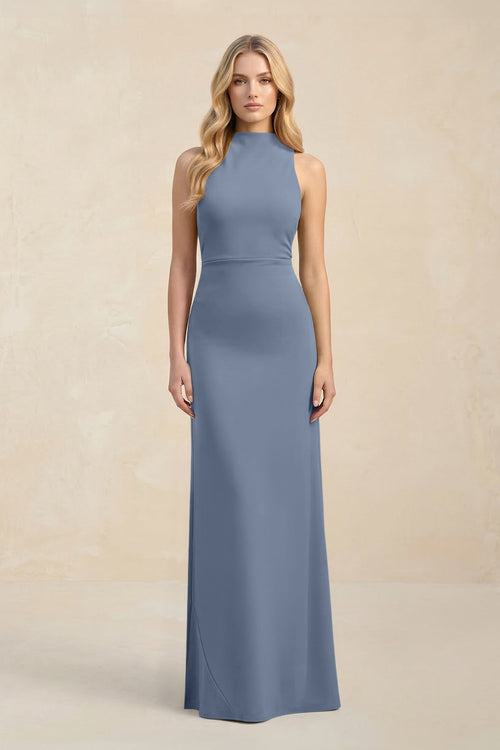 High Neck Sheath Chiffon Bridesmaid Dress With Slit in Neptune - SHE IS ME Bridesmaid Dresses