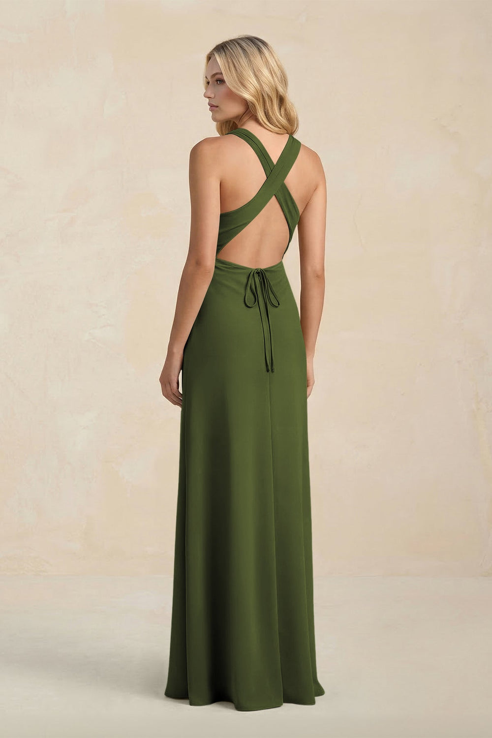 High Neck Sheath Chiffon Bridesmaid Dress With Slit in Olive - KISS BRIDAL Bridesmaid Dresses
