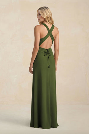 High Neck Sheath Chiffon Bridesmaid Dress With Slit in Olive - SHE IS ME Bridesmaid Dresses