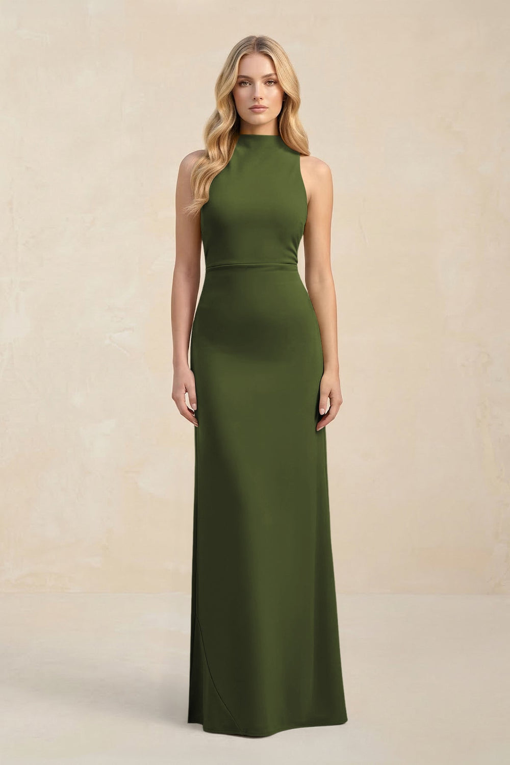 High Neck Sheath Chiffon Bridesmaid Dress With Slit in Olive - KISS BRIDAL Bridesmaid Dresses