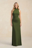 High Neck Sheath Chiffon Bridesmaid Dress With Slit in Olive - SHE IS ME Bridesmaid Dresses