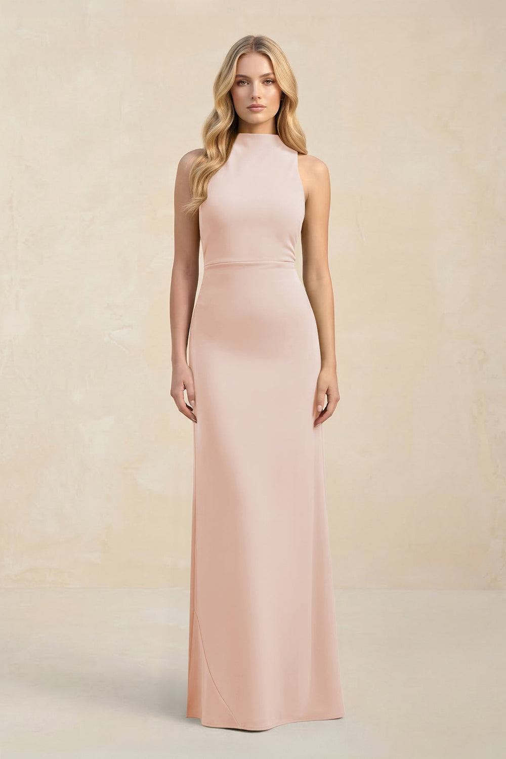High Neck Sheath Chiffon Bridesmaid Dress With Slit in Pale Blush - KISS BRIDAL Bridesmaid Dresses