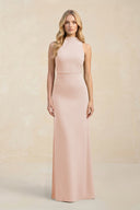 High Neck Sheath Chiffon Bridesmaid Dress With Slit in Pale Blush - SHE IS ME Bridesmaid Dresses