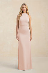 High Neck Sheath Chiffon Bridesmaid Dress With Slit in Pale Blush - KISS BRIDAL Bridesmaid Dresses