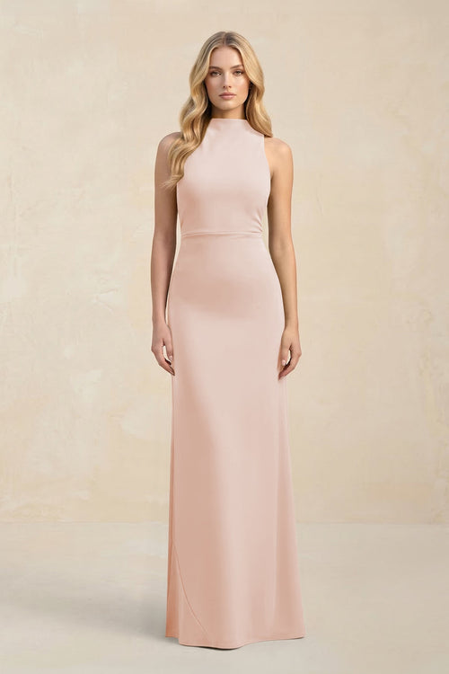 High Neck Sheath Chiffon Bridesmaid Dress With Slit in Pale Blush - SHE IS ME Bridesmaid Dresses