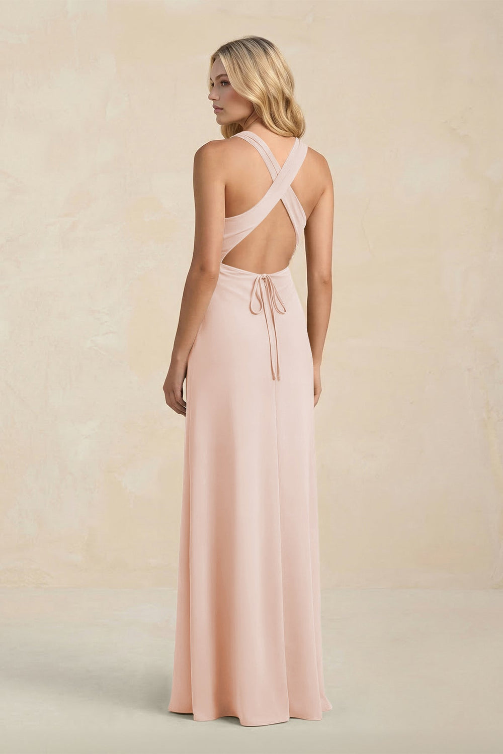 High Neck Sheath Chiffon Bridesmaid Dress With Slit in Pale Blush - KISS BRIDAL Bridesmaid Dresses