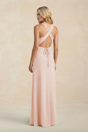 High Neck Sheath Chiffon Bridesmaid Dress With Slit in Pale Blush - SHE IS ME Bridesmaid Dresses