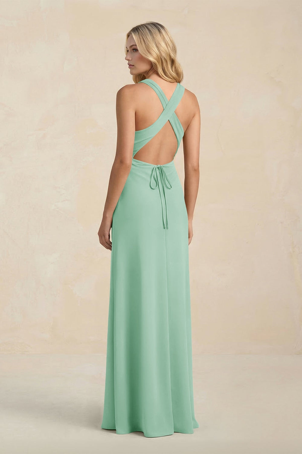 High Neck Sheath Chiffon Bridesmaid Dress With Slit in Pale Pistachio - KISS BRIDAL Bridesmaid Dresses