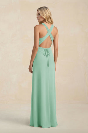 High Neck Sheath Chiffon Bridesmaid Dress With Slit in Pale Pistachio - SHE IS ME Bridesmaid Dresses