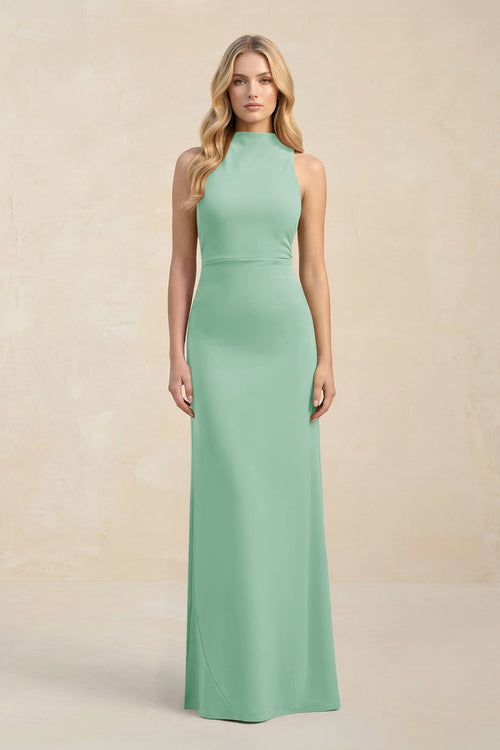 High Neck Sheath Chiffon Bridesmaid Dress With Slit in Pale Pistachio - SHE IS ME Bridesmaid Dresses