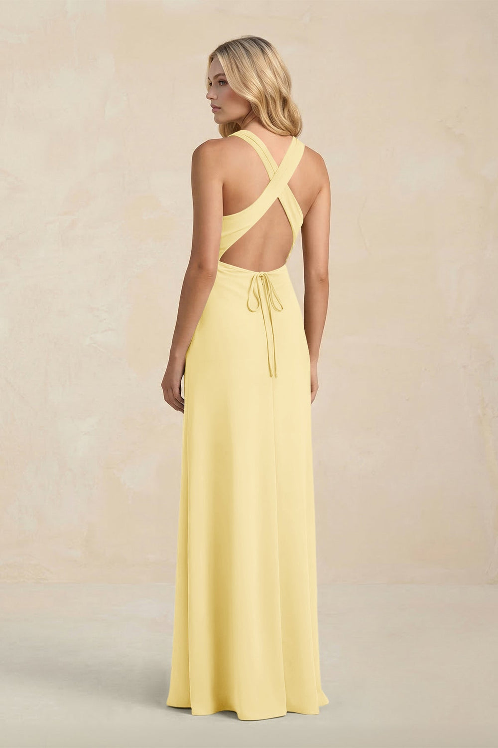 High Neck Sheath Chiffon Bridesmaid Dress With Slit in Pastel Yellow - KISS BRIDAL Bridesmaid Dresses