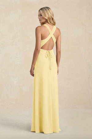 High Neck Sheath Chiffon Bridesmaid Dress With Slit in Pastel Yellow - SHE IS ME Bridesmaid Dresses