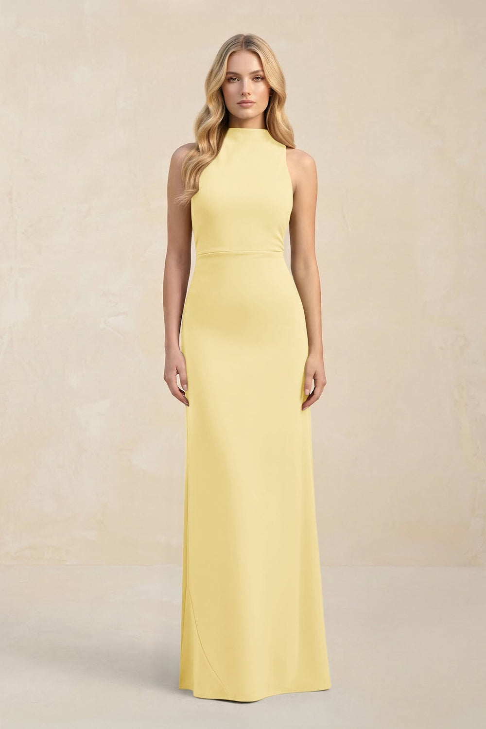 High Neck Sheath Chiffon Bridesmaid Dress With Slit in Pastel Yellow - KISS BRIDAL Bridesmaid Dresses