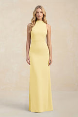 High Neck Sheath Chiffon Bridesmaid Dress With Slit in Pastel Yellow - KISS BRIDAL Bridesmaid Dresses
